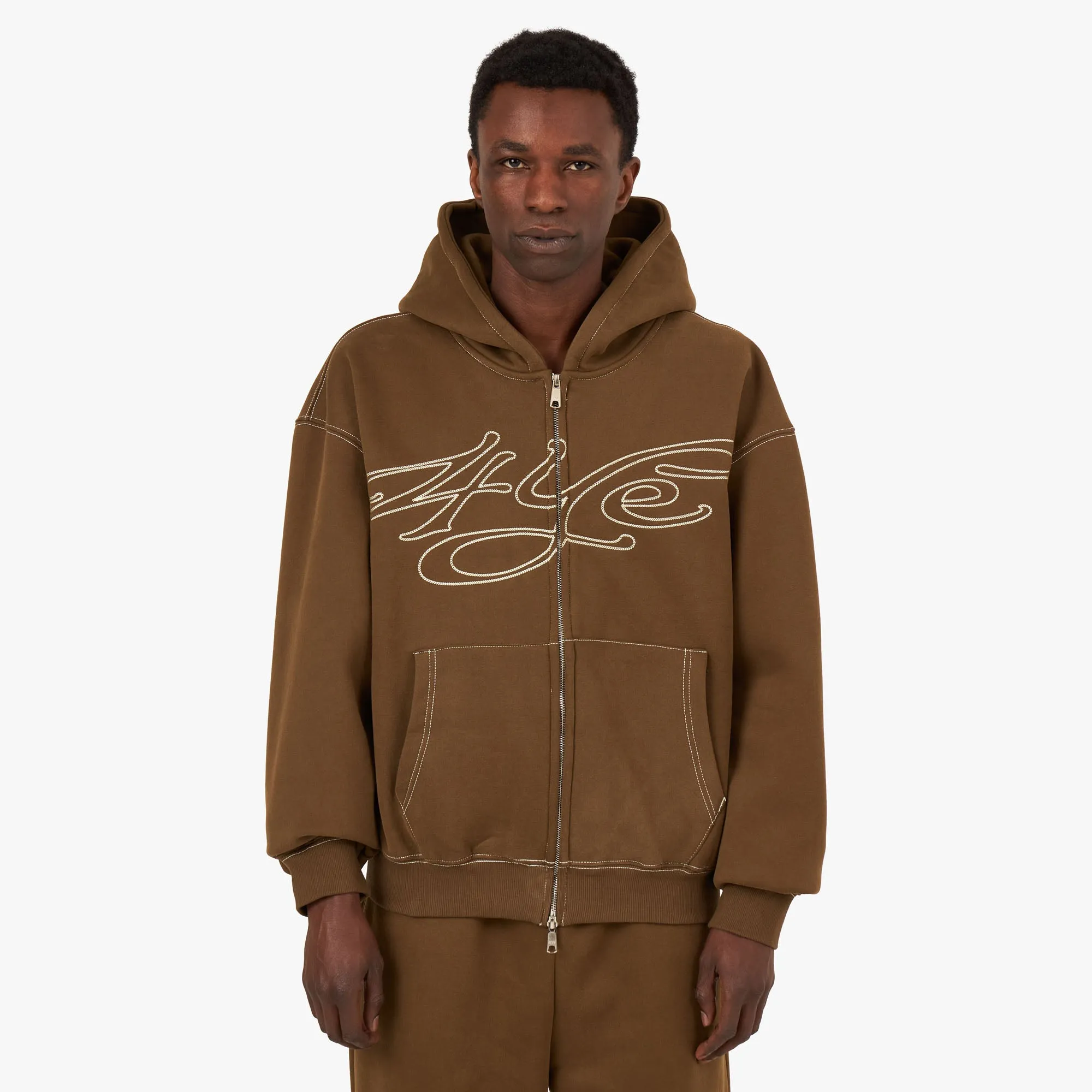 4YE Signature Logo Zip Hoodie Brown / Beige