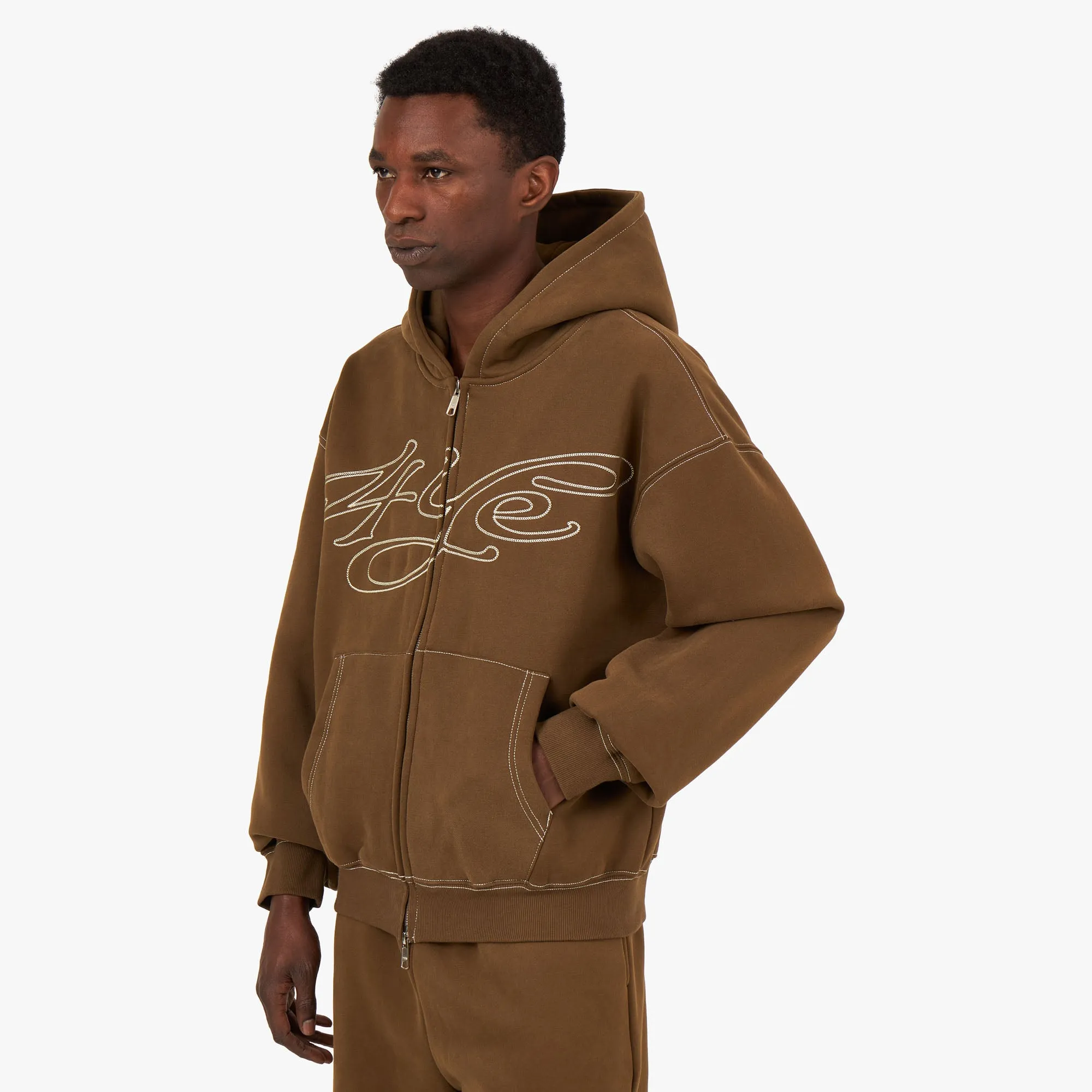 4YE Signature Logo Zip Hoodie Brown / Beige