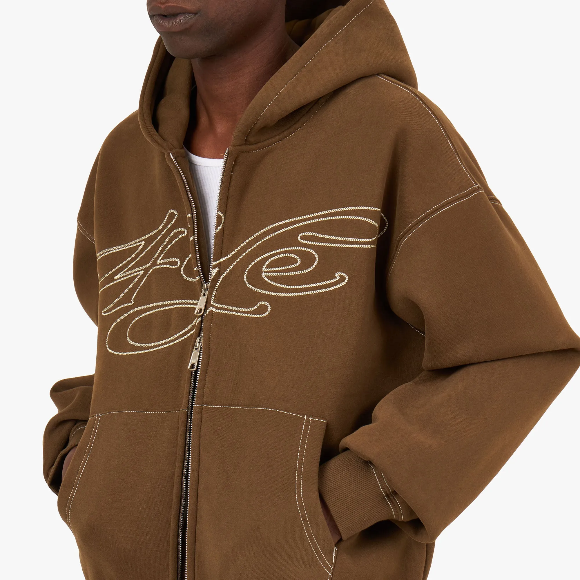 4YE Signature Logo Zip Hoodie Brown / Beige