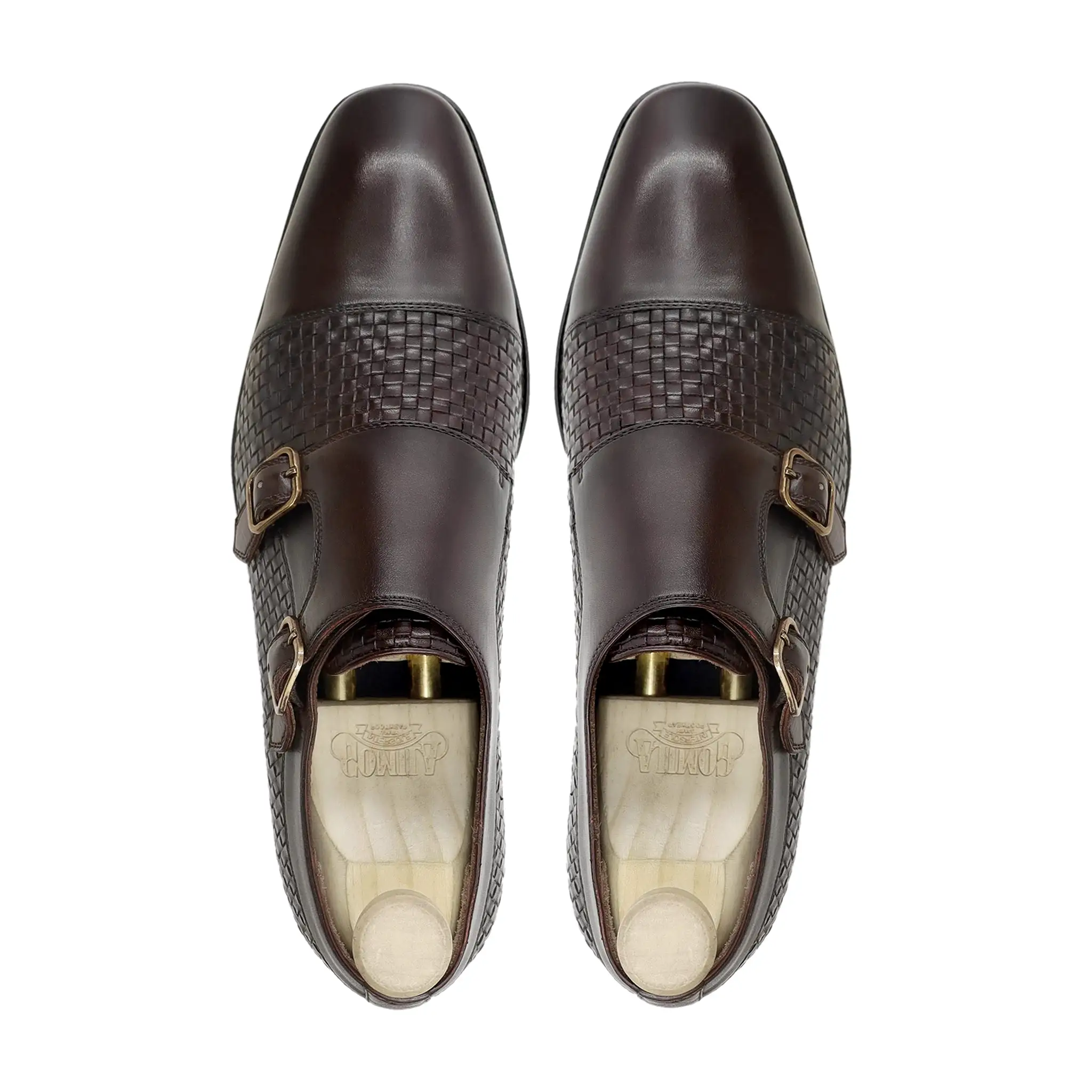 Alingsas - Men's Dark Brown Calf and Hand Woven Leather Double Monkstrap