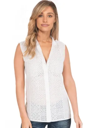 Anna Lace White, Sleeveless Broderie Anglaise Shirt Band Collar