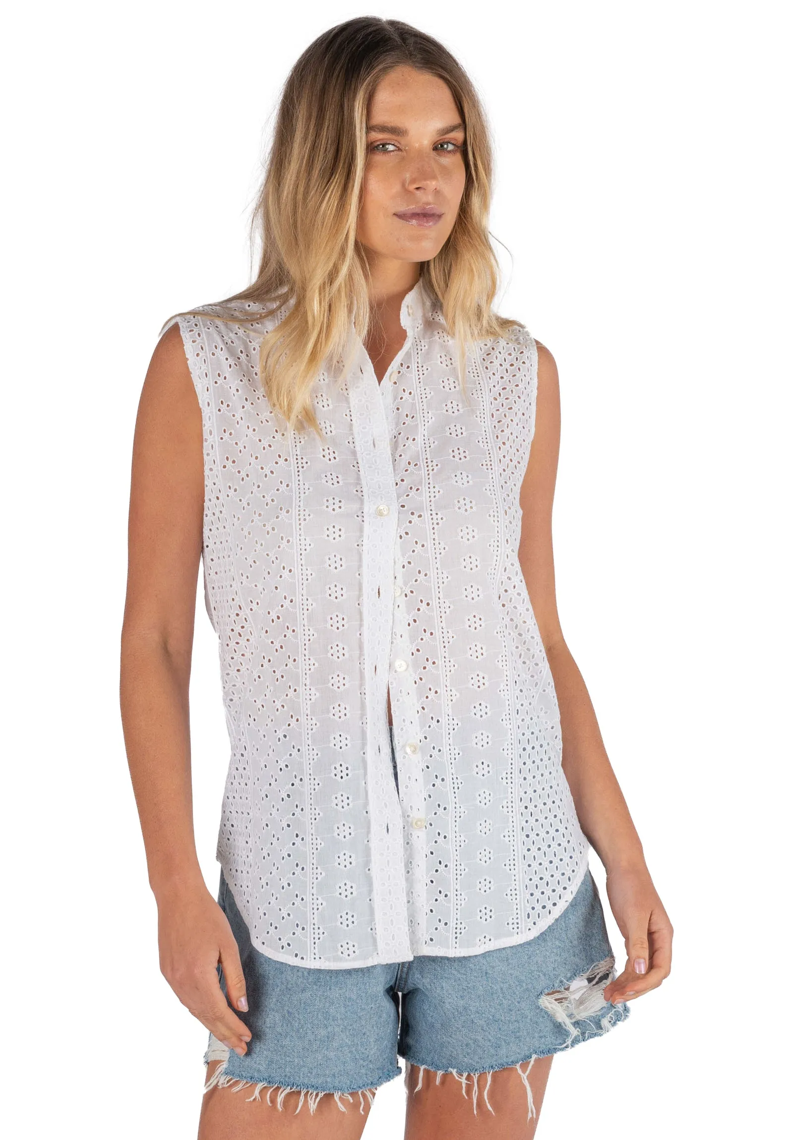 Anna Lace White, Sleeveless Broderie Anglaise Shirt Band Collar