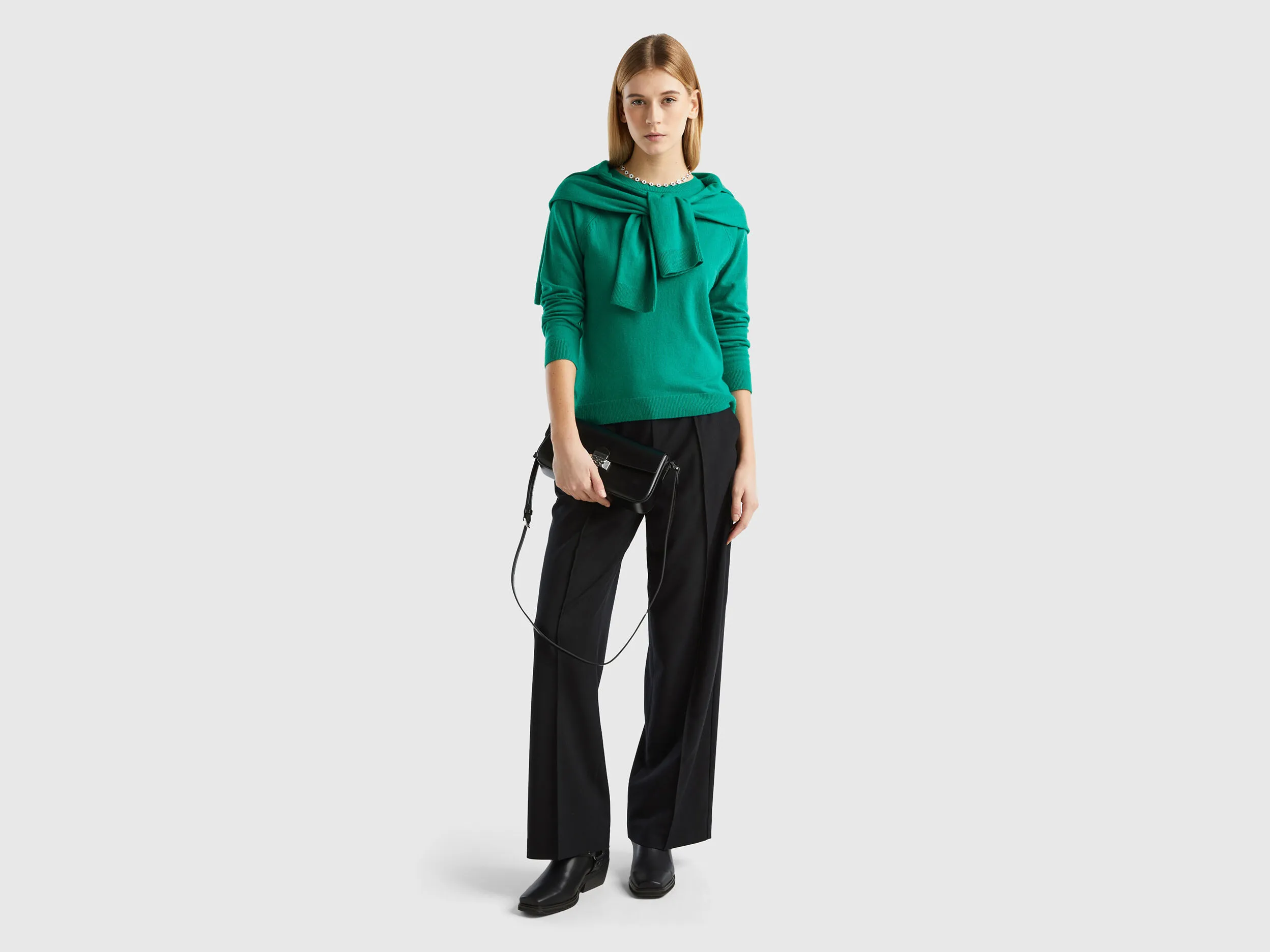 Aqua green crew neck sweater in wool and cashmere blend - Aqua | Benetton