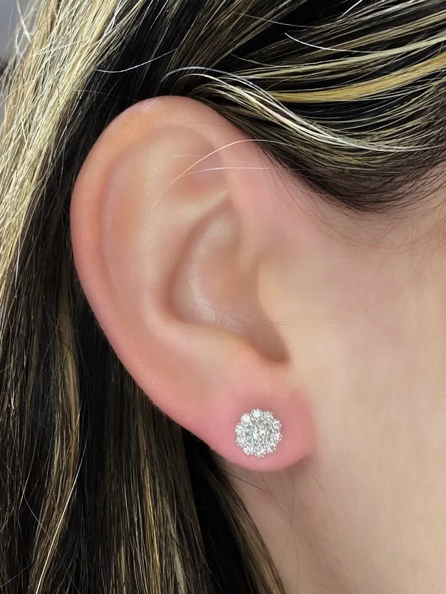 Beaded-Edge Diamond Flower Stud Earrings