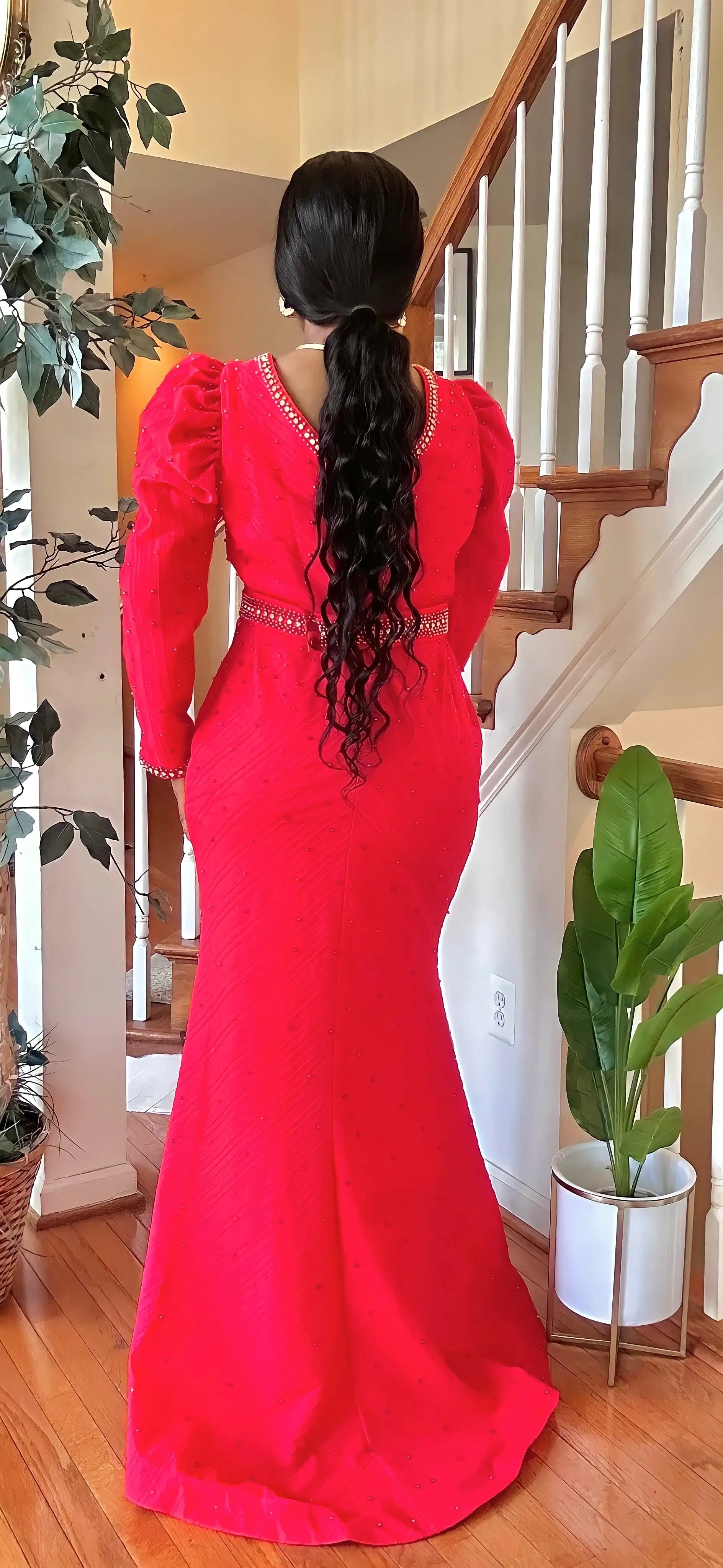 BELTED/BEADED  MAXI DRESS(RED)