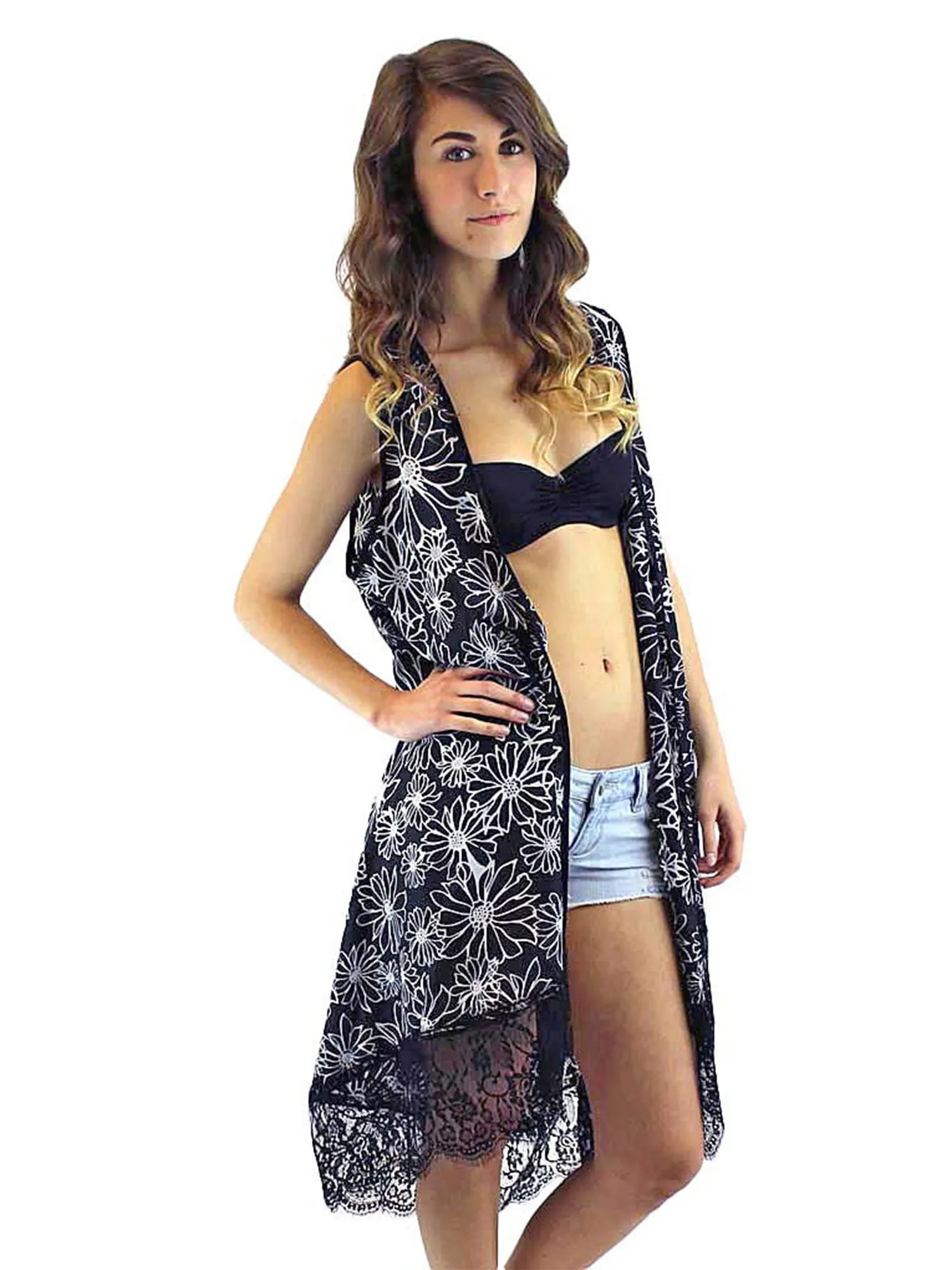 Black & White Lightweight Sleeveless Floral Lace Cover Up