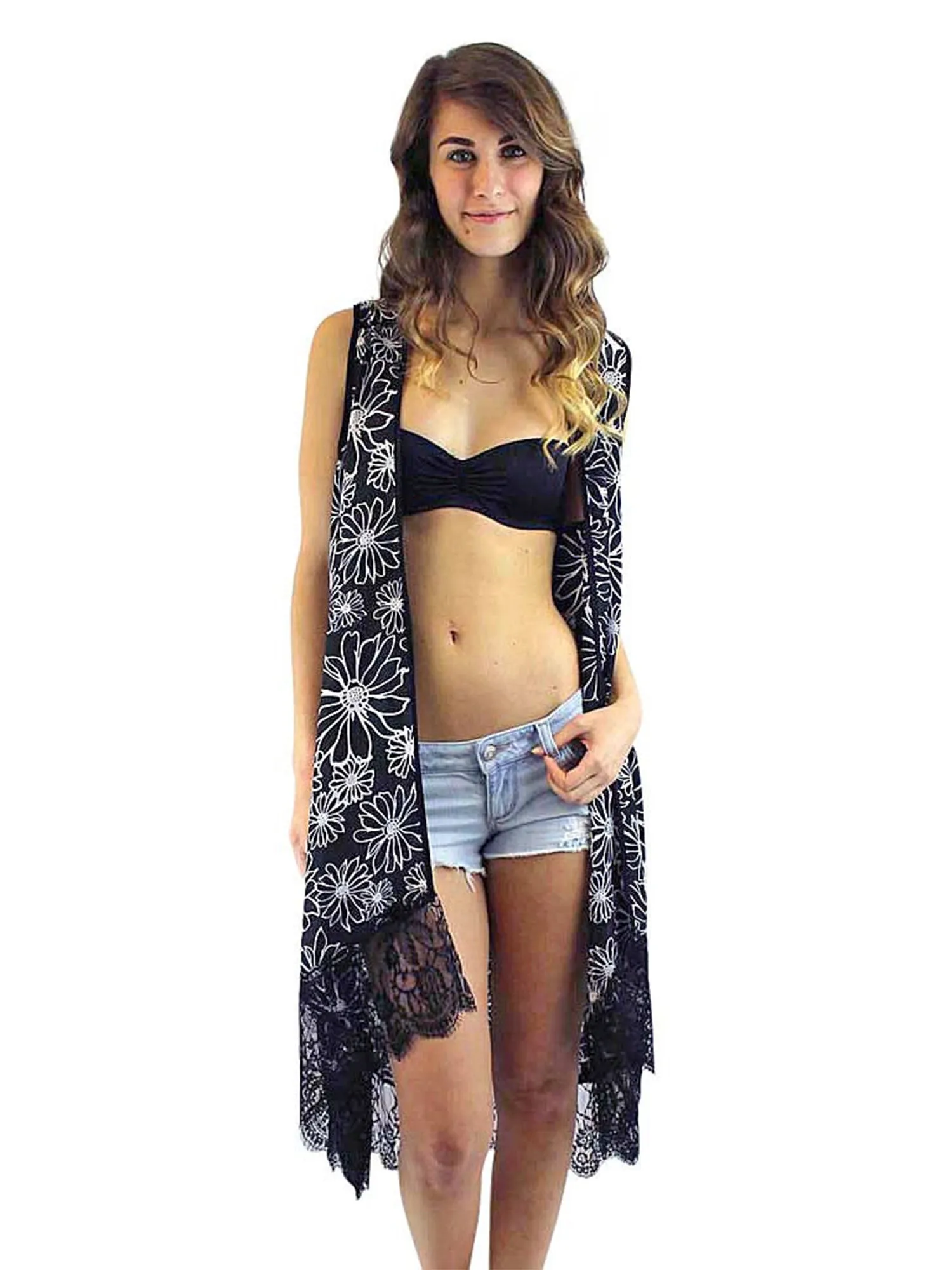 Black & White Lightweight Sleeveless Floral Lace Cover Up