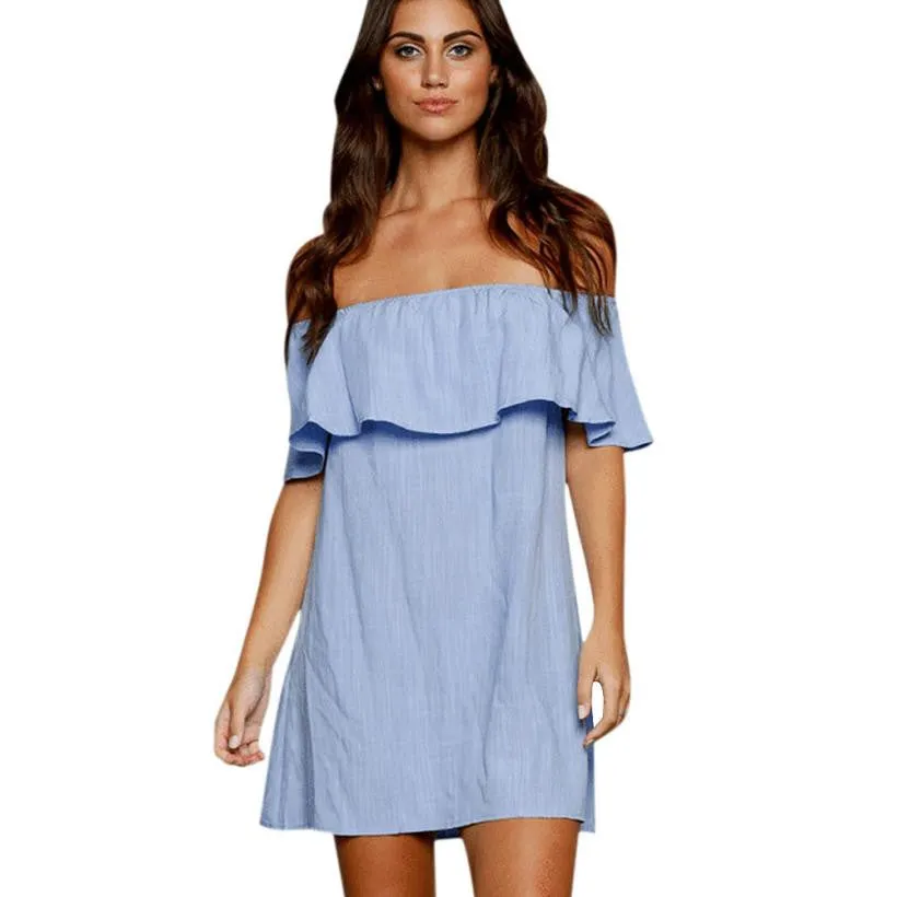 Blue DressBackless Slash Neck Off Shoulder Denim Solid Cotton Dress Summer Mini Short Dress Vestido De Verano#B714 SM6