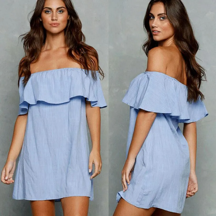 Blue DressBackless Slash Neck Off Shoulder Denim Solid Cotton Dress Summer Mini Short Dress Vestido De Verano#B714 SM6