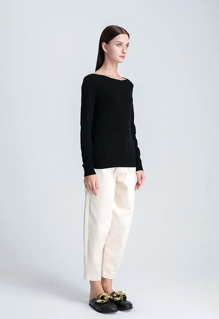 Boat Neck Solid Basic Knitwear