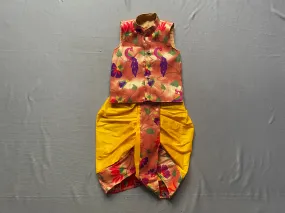 Boy's yellow premium paithani with flower border dhoti and premium paithani jacket