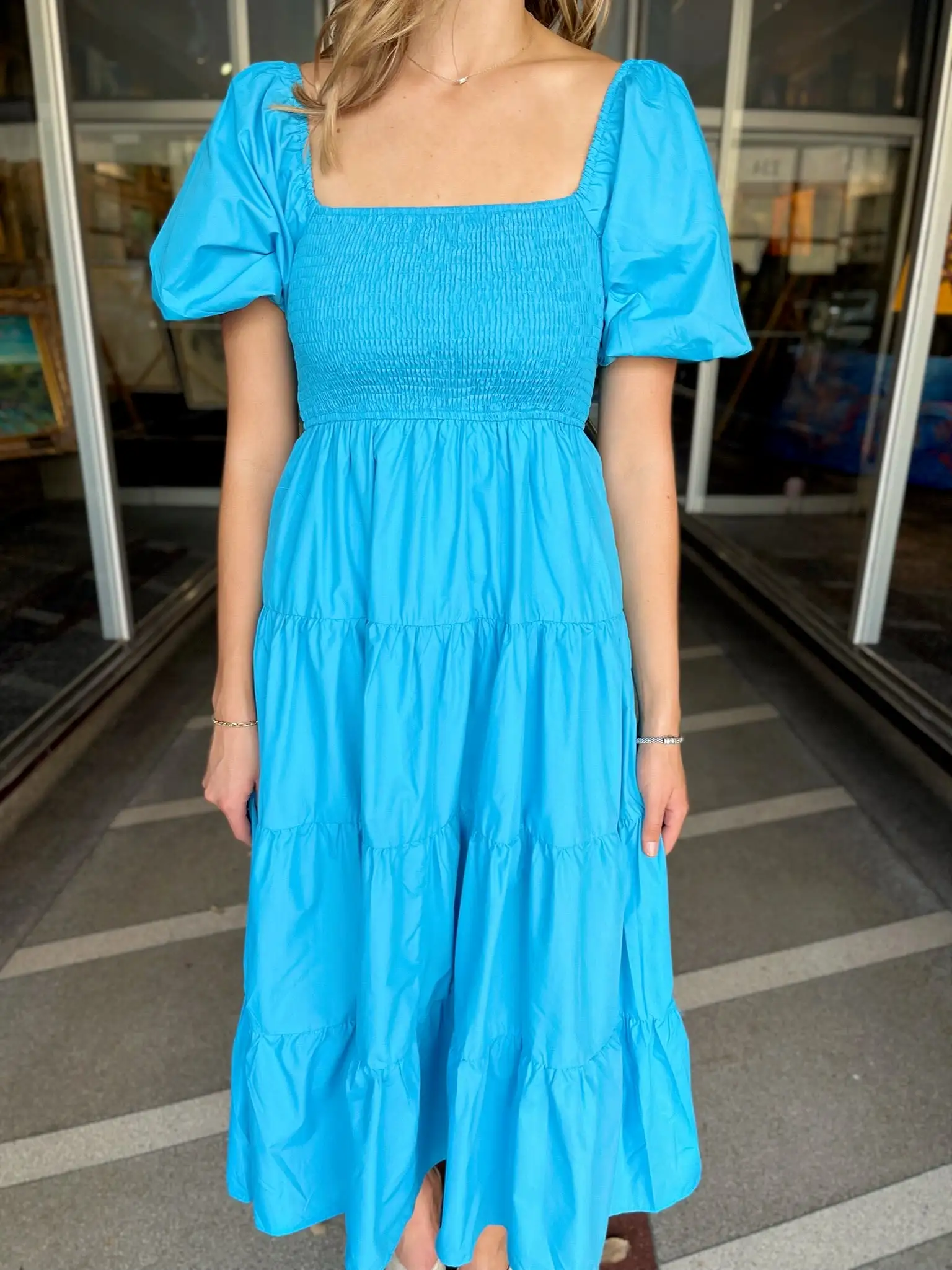 Bubble Sleve Tiered Maxi Dress- Aqua