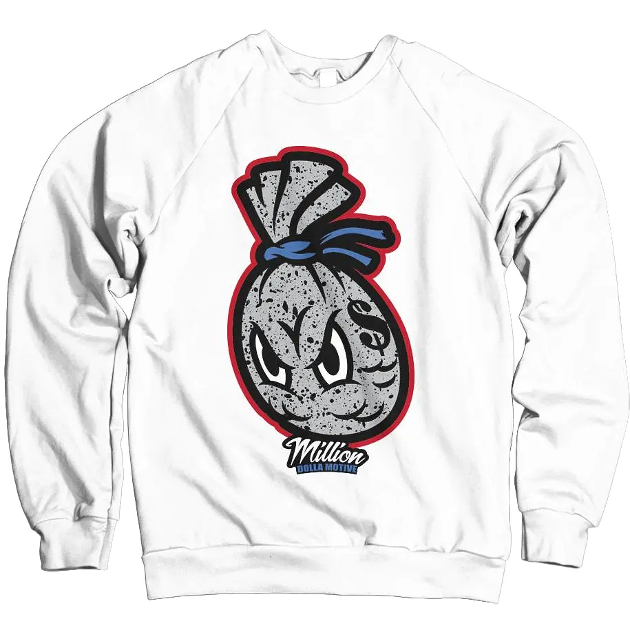 Cement Money Bag (What The) - Military Blue/Red on White Crewneck Sweatshirt