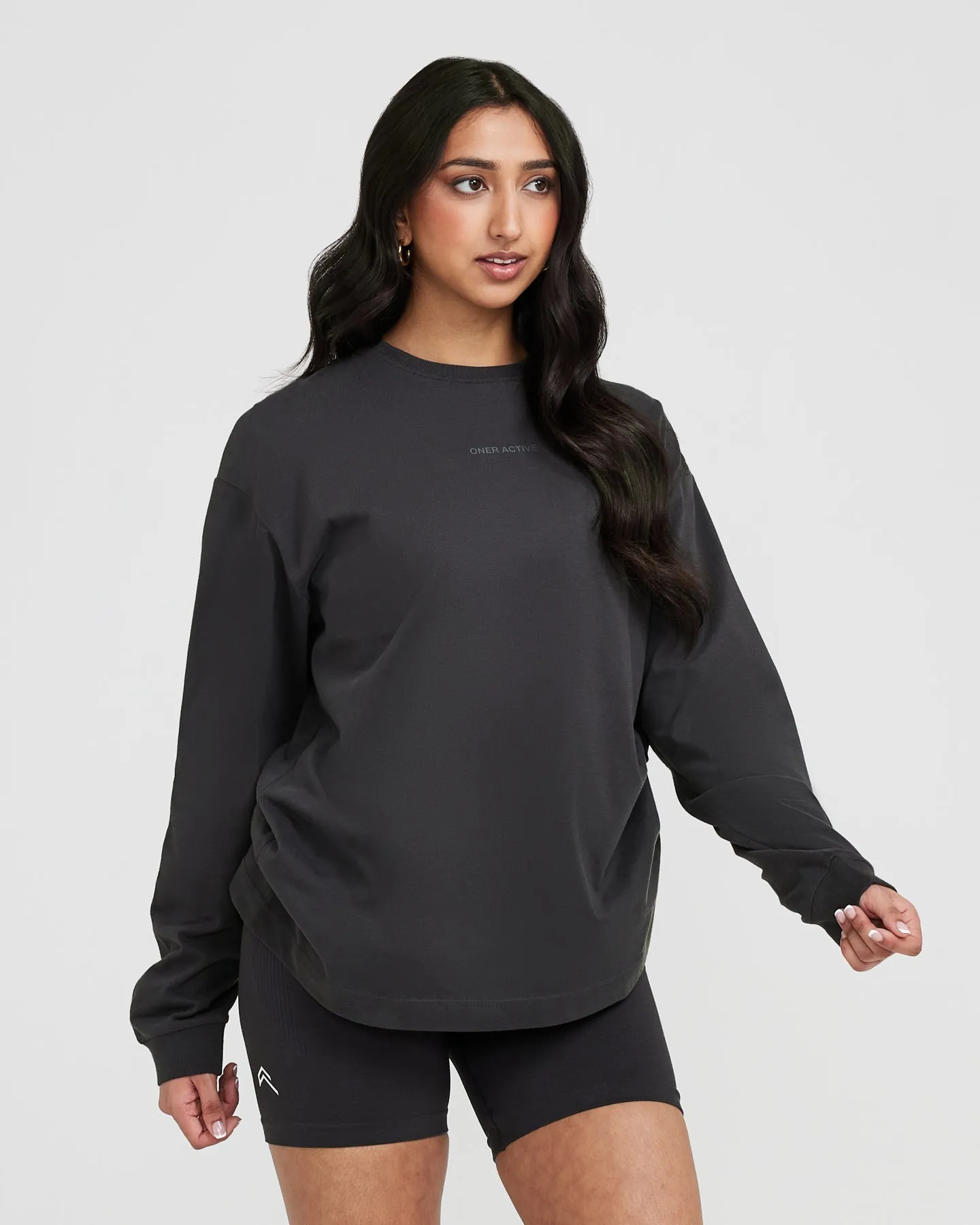 Classic Mirror Graphic Oversized Long Sleeve Top | Washed Coal