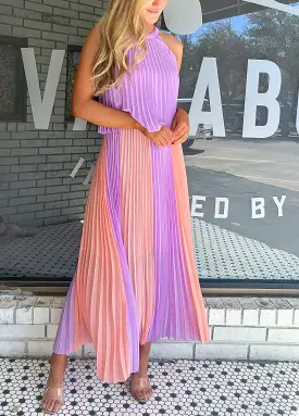 COLOR BLOCK PLEATED HALTER MAXI DRESS - LAVENDER/CORAL