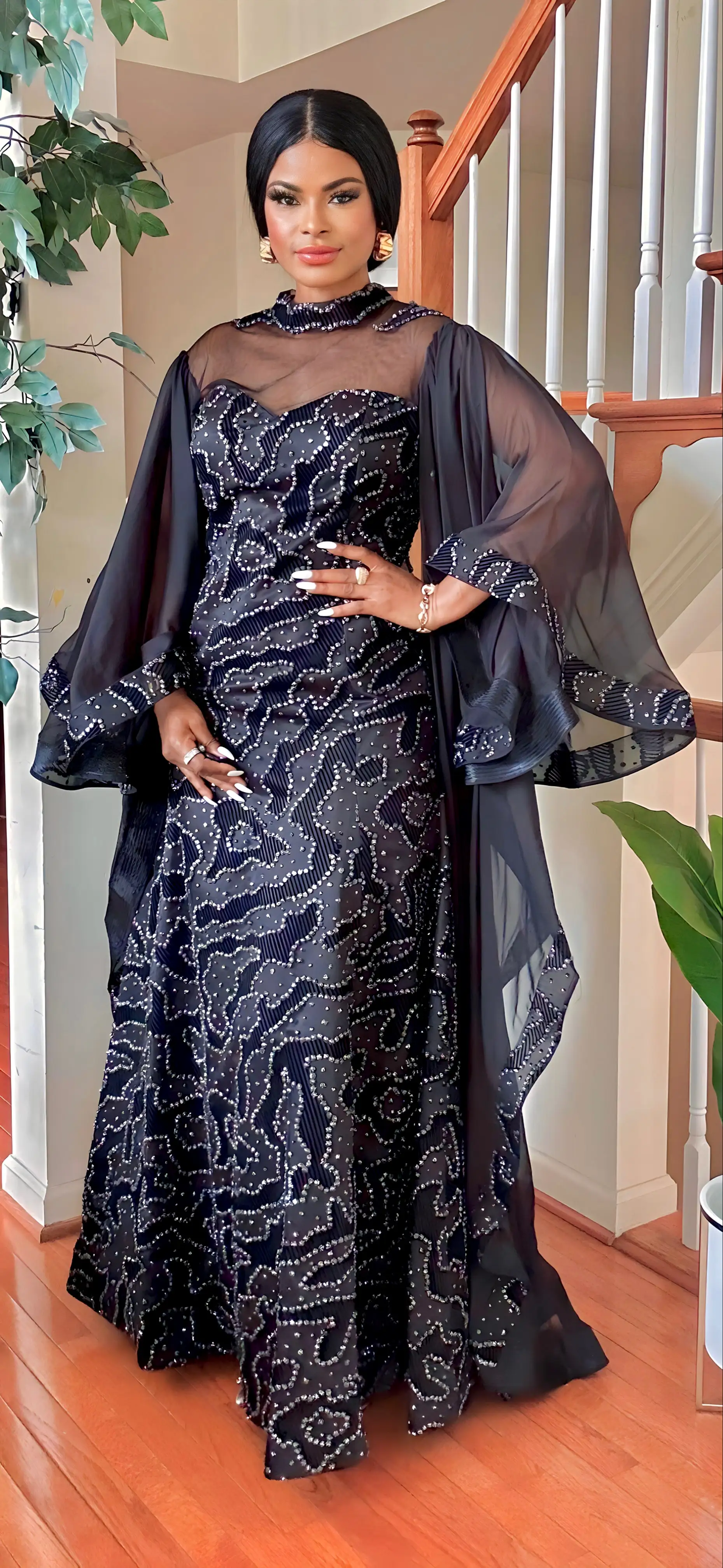 COUTURE DRAMATIC SLEEVE MAXI DRESS(BLACK)