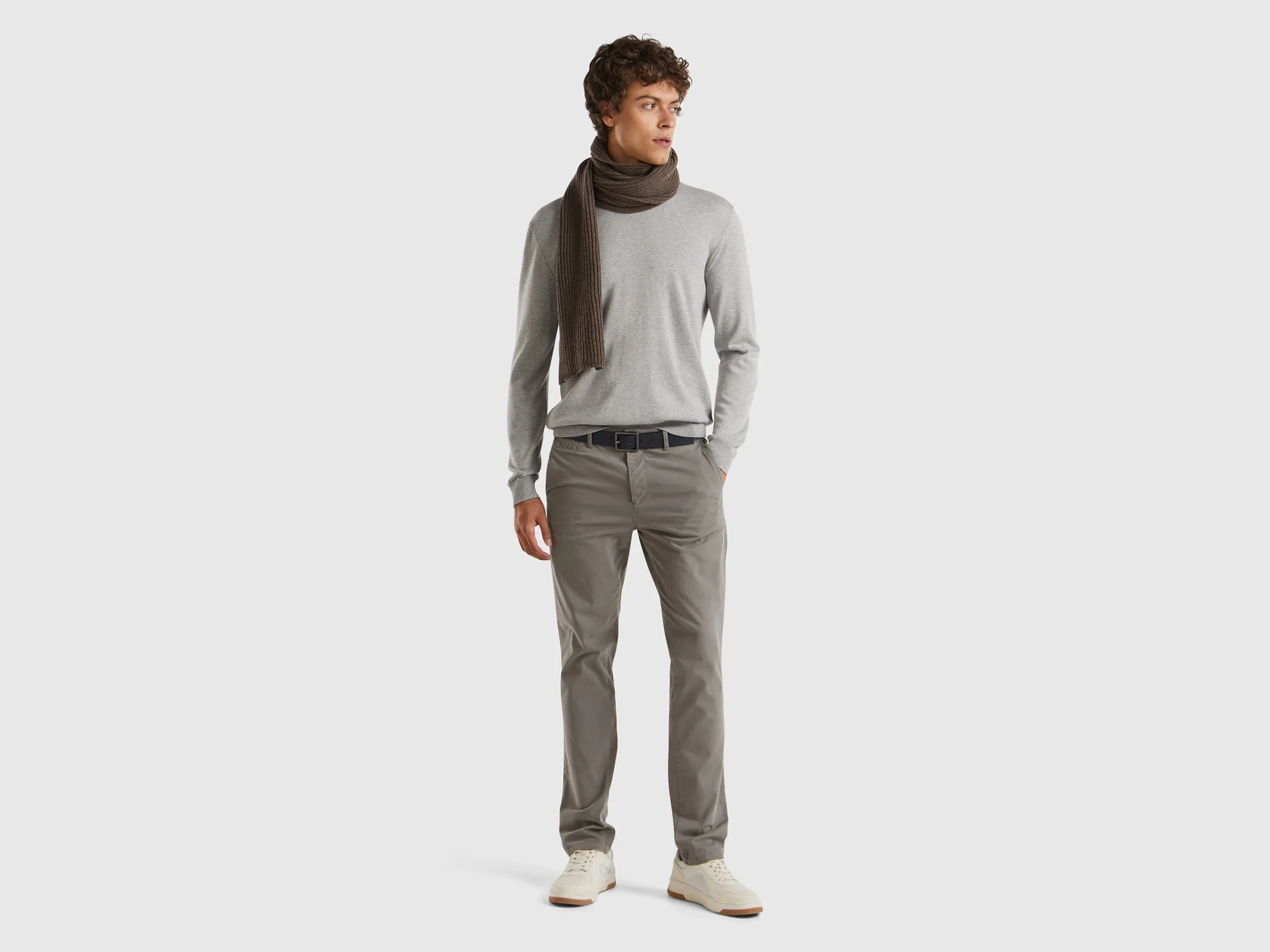 Crew neck sweater in 100% cotton - Light Gray | Benetton