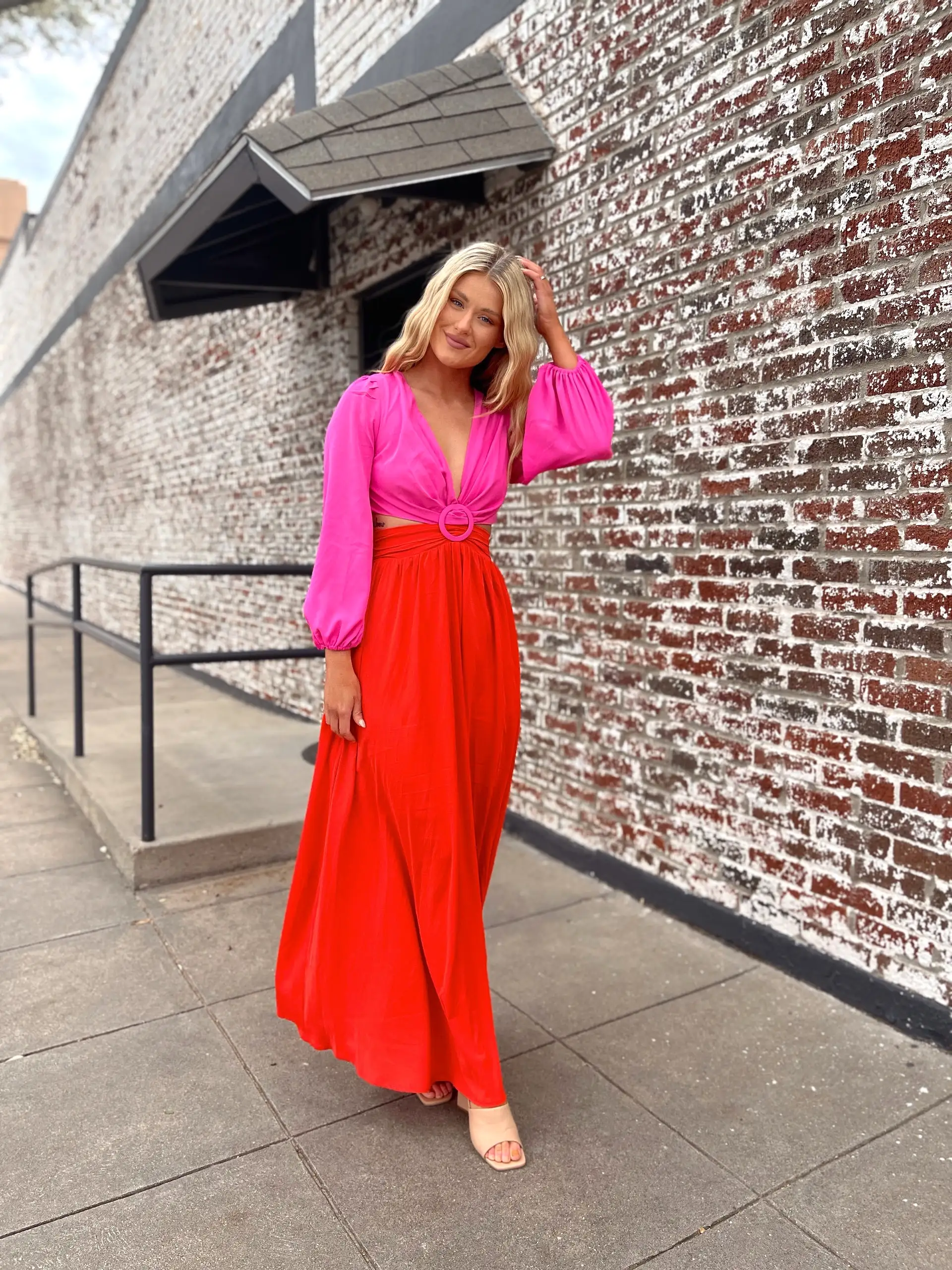 Cutout O-Ring Maxi Dress - Pink/Red