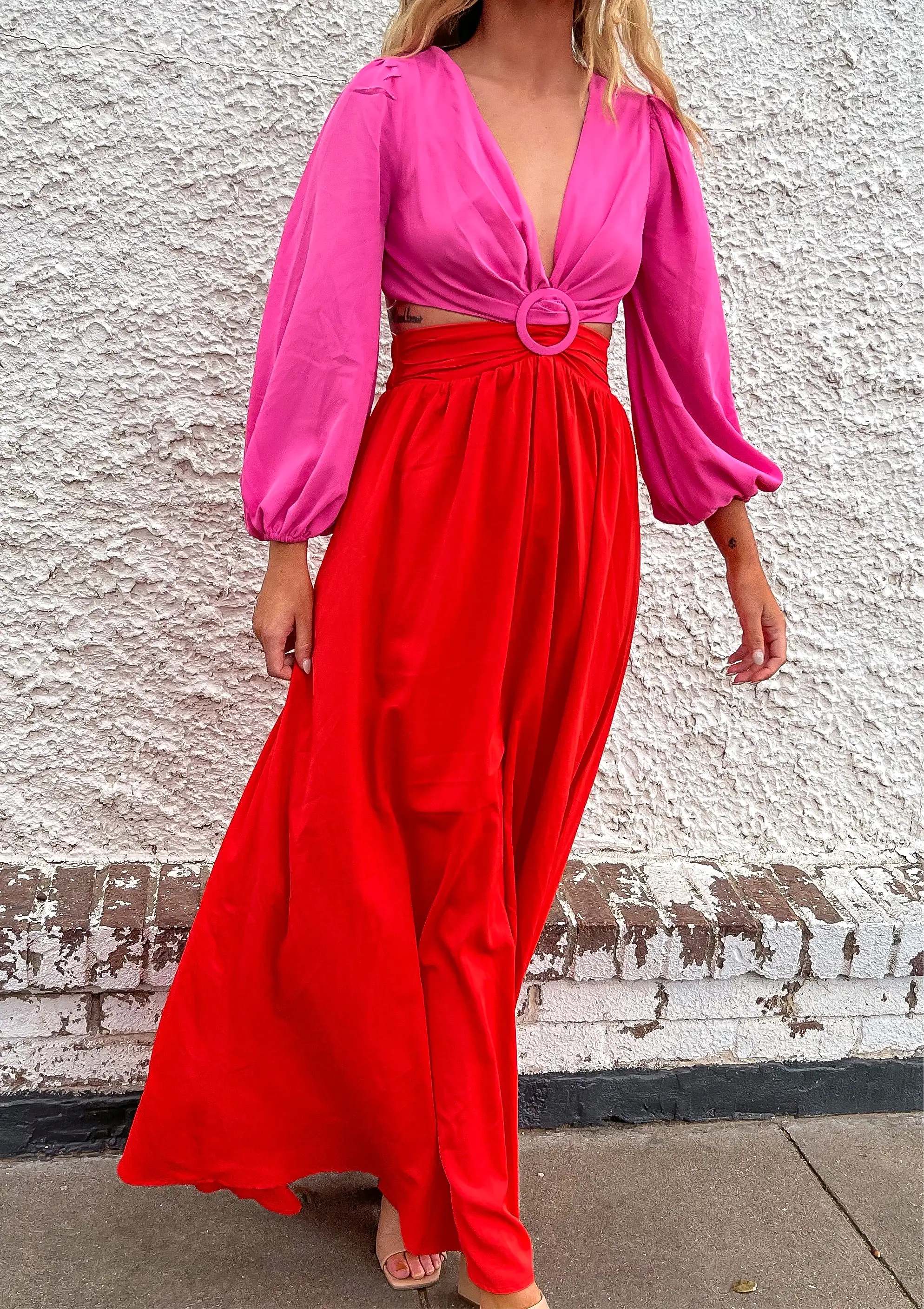 Cutout O-Ring Maxi Dress - Pink/Red