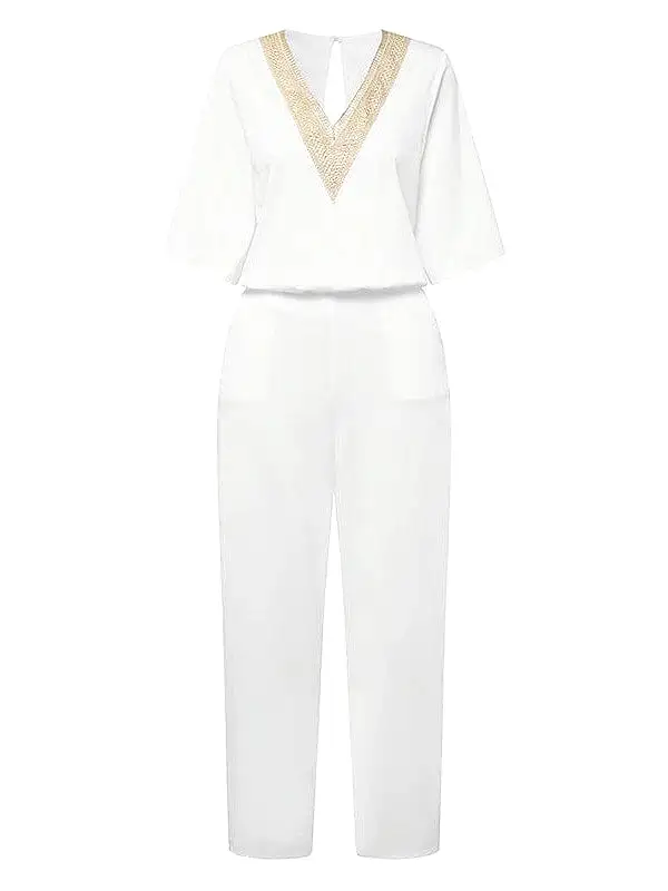 Elegant V-Neck Jumpsuit for Women - Solid Color Office to Party Wear