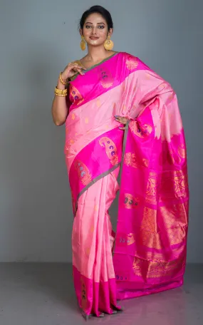 Exclusive Handwoven Paisley Motif Minakari Work Gadwal Silk Saree in Light Pink, Hot Pink, Green, Antique Golden and Multicolore