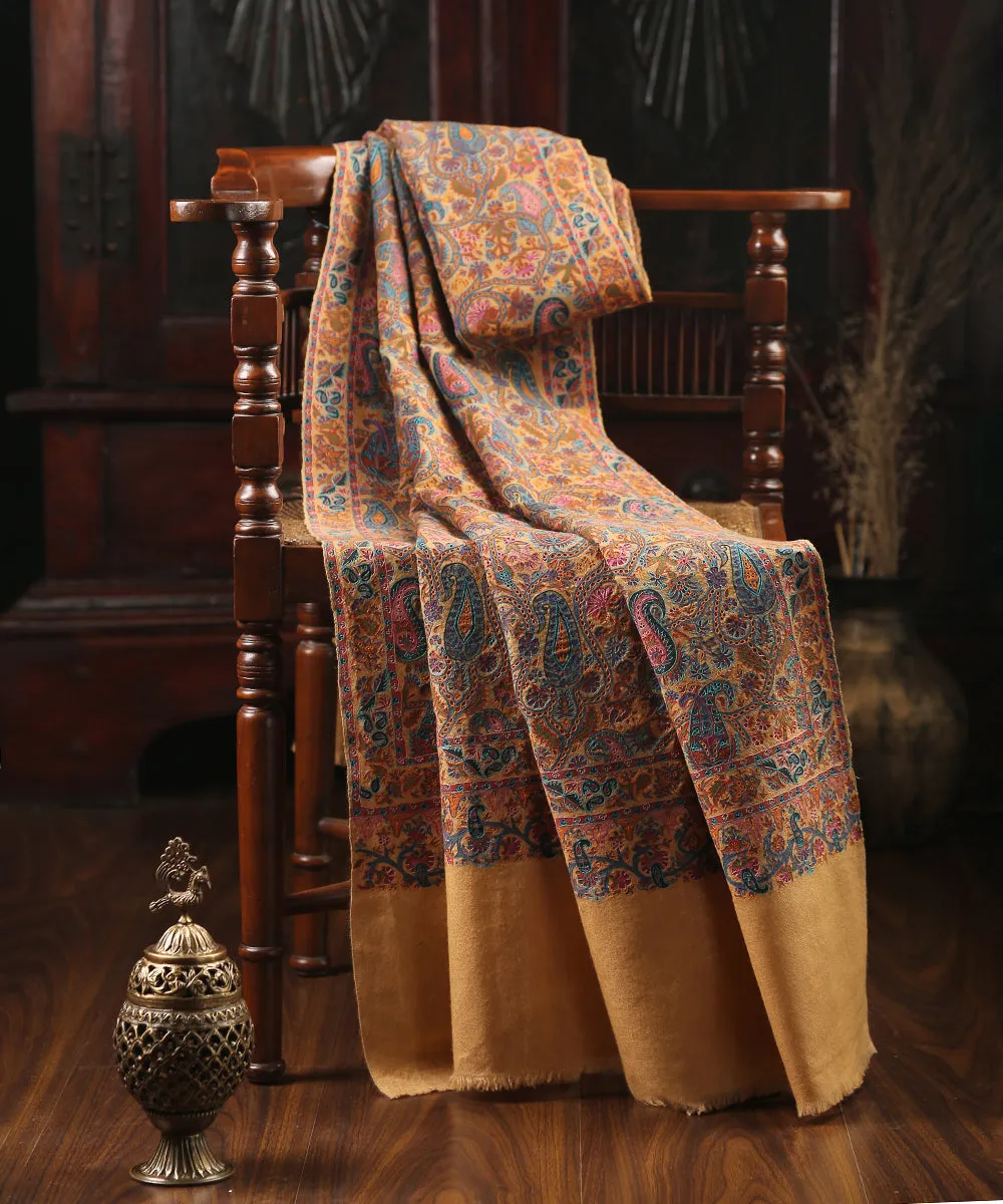 Fawn Handwoven Pure Pashmina Shawl with Green Aari Work