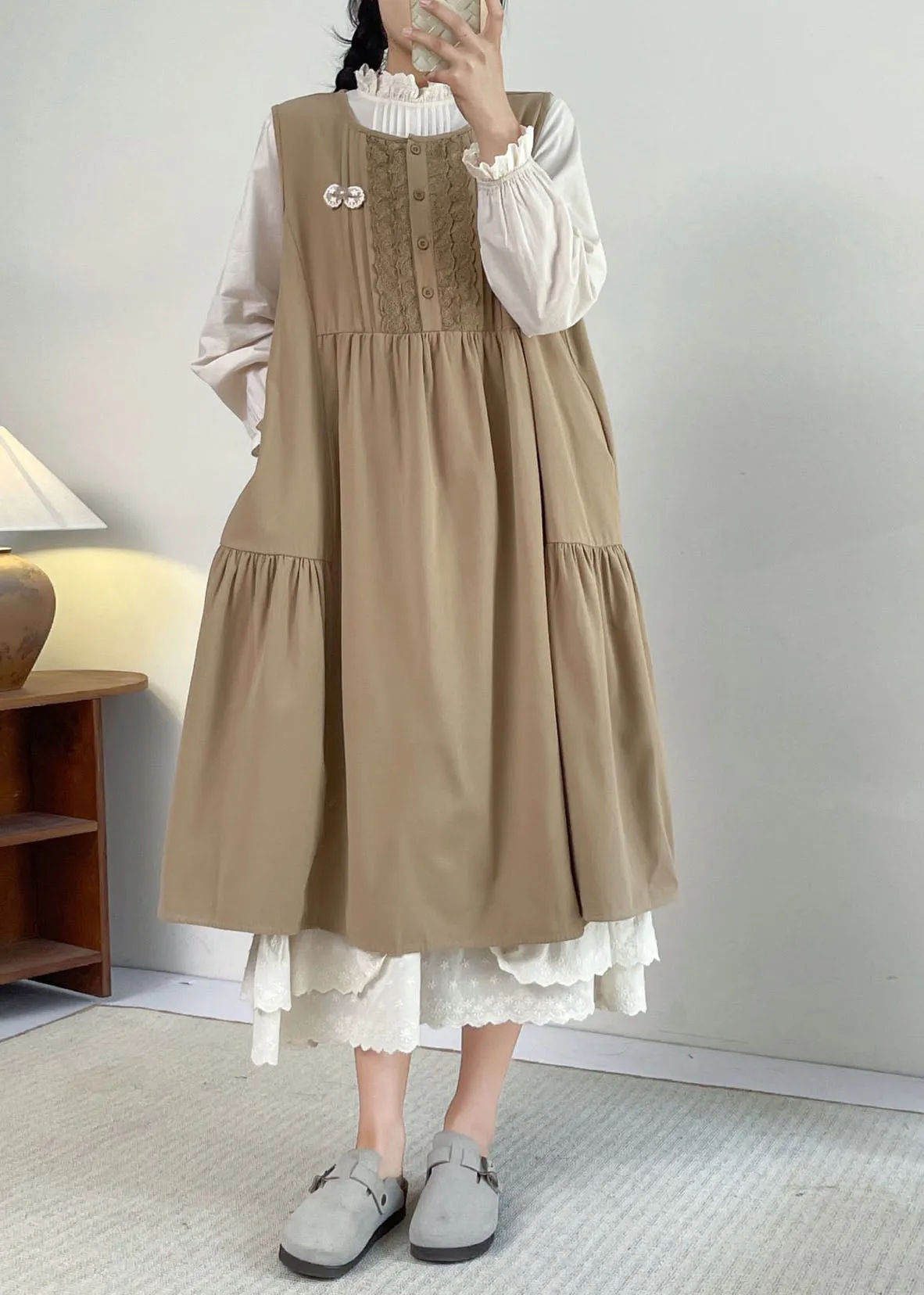 French Khaki O-Neck Lace Patchwork Long Dress Sleeveless