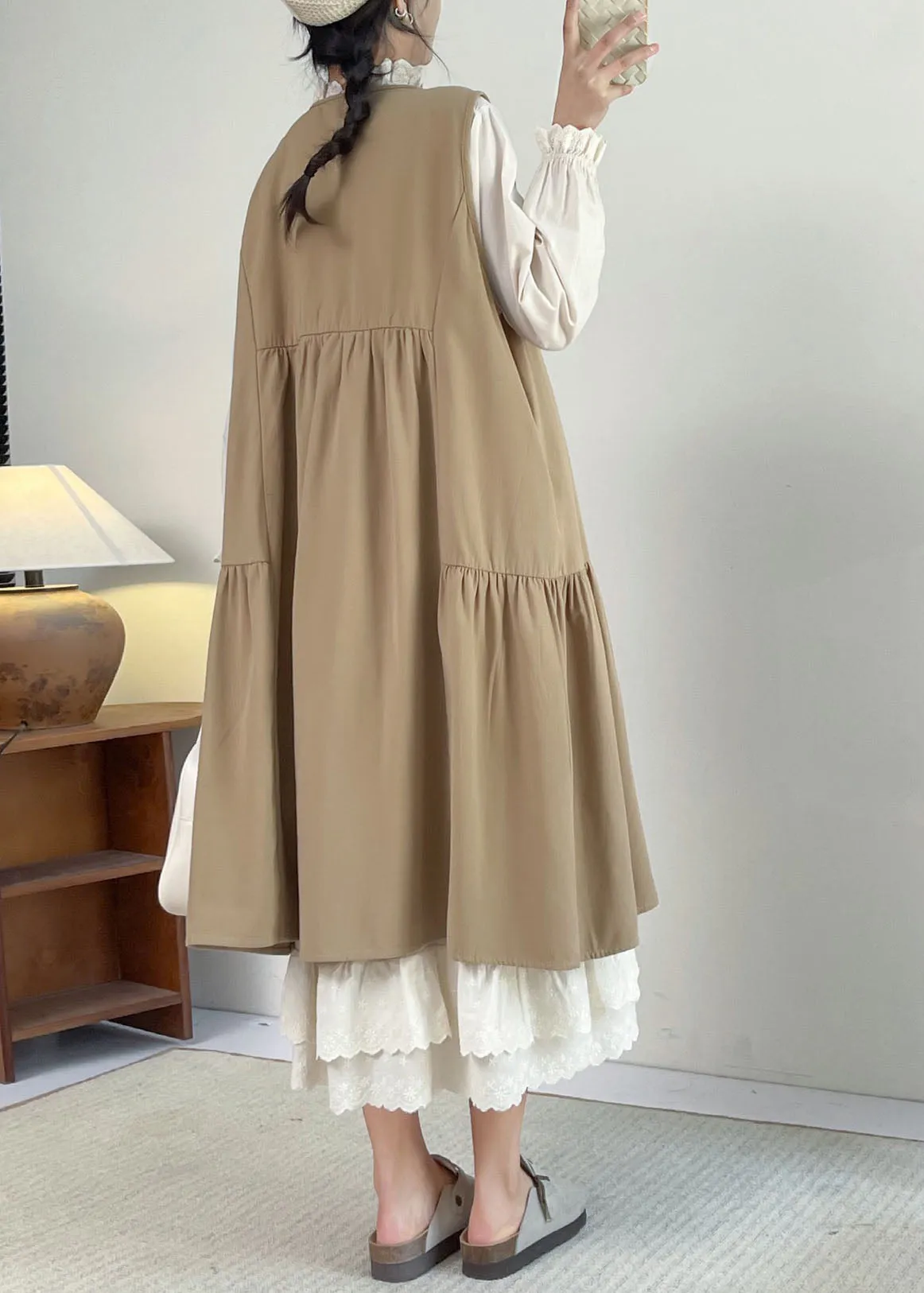 French Khaki O-Neck Lace Patchwork Long Dress Sleeveless