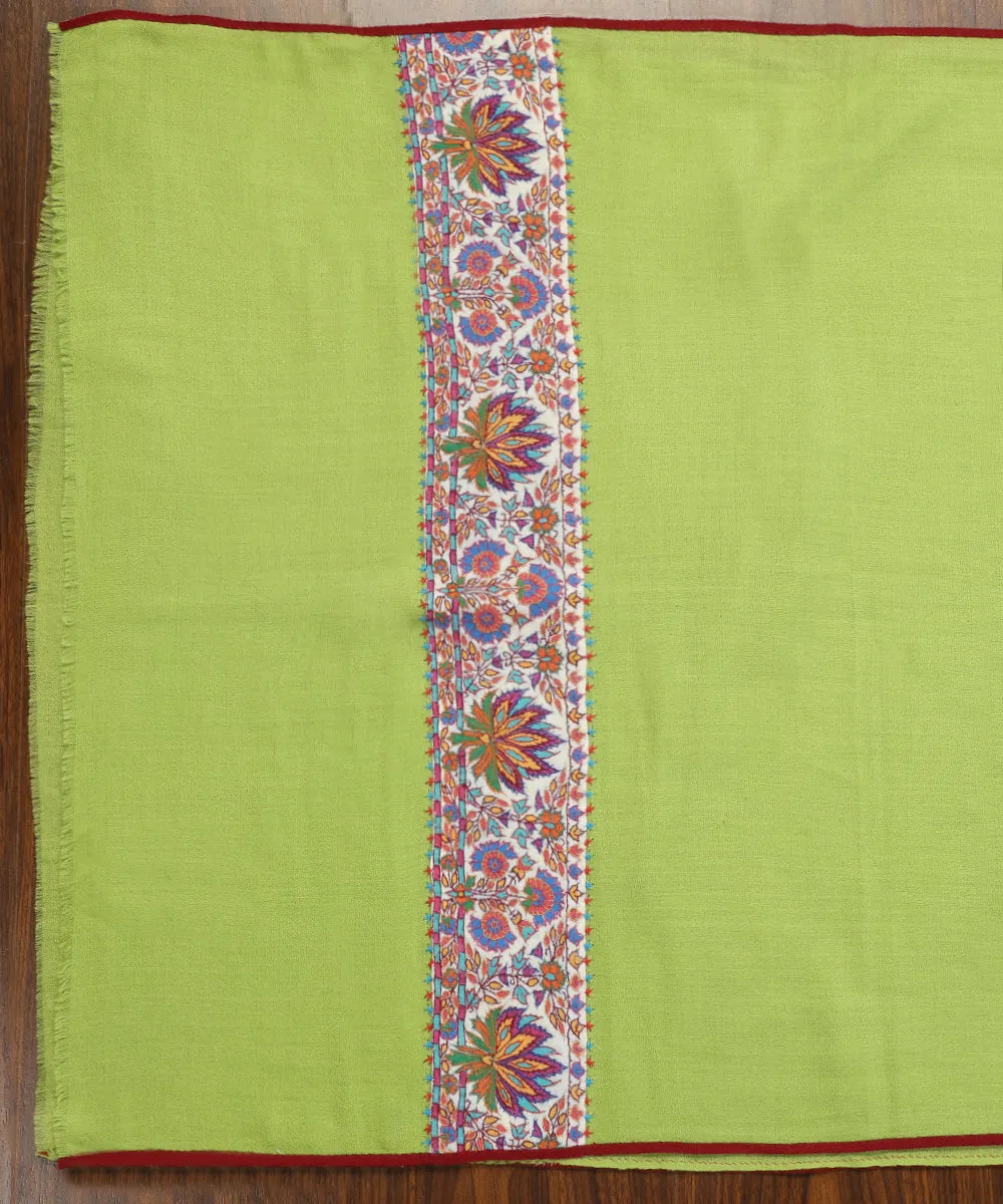 Fresh Green Handwoven Pure Pashmina Stoles With Hand Appliqued Kashidakari Border