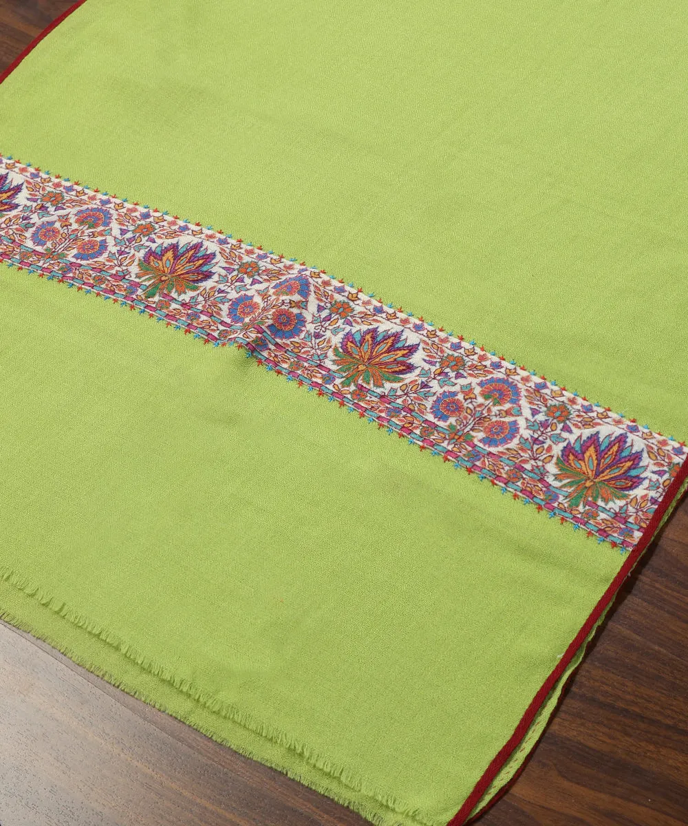 Fresh Green Handwoven Pure Pashmina Stoles With Hand Appliqued Kashidakari Border