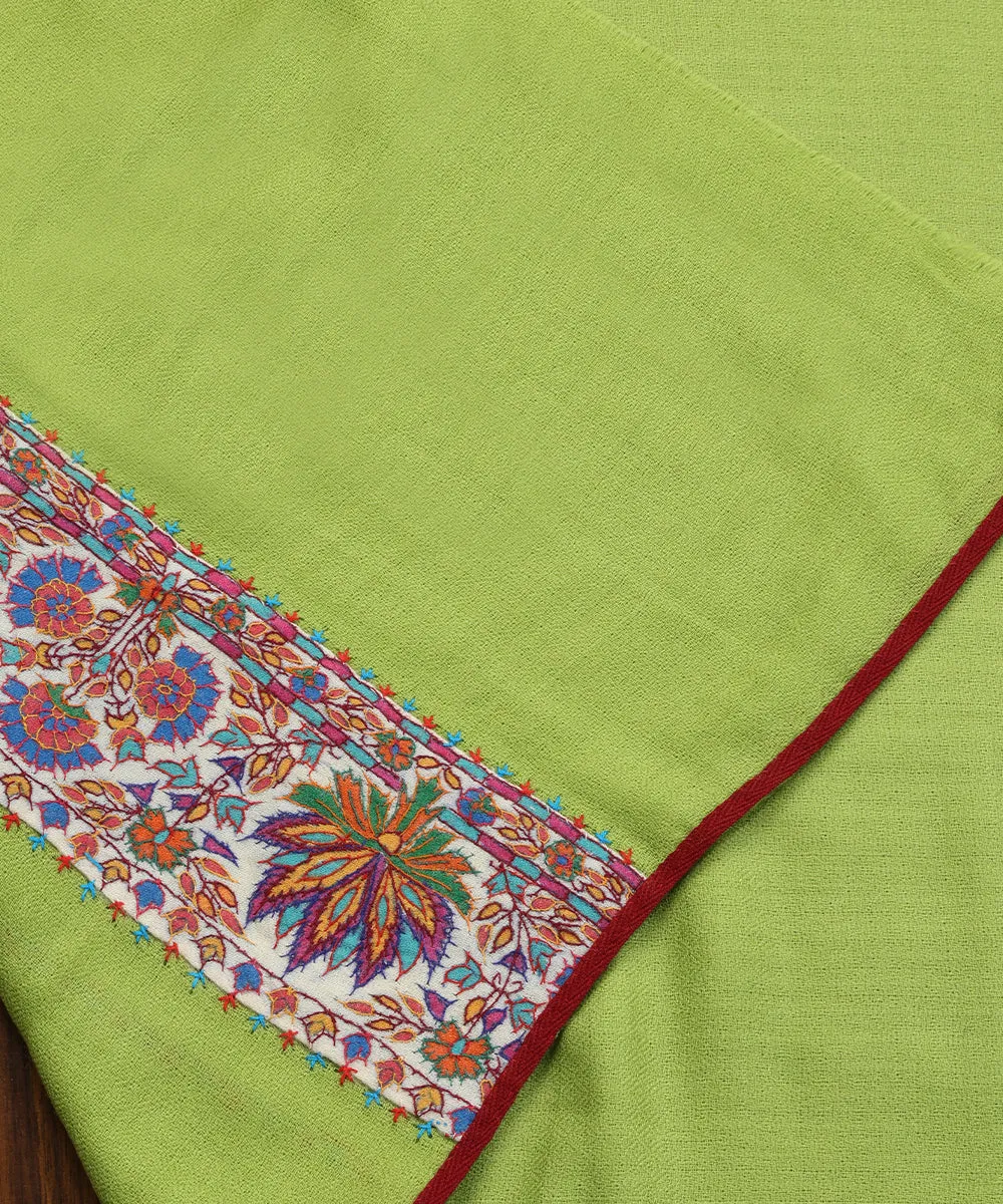 Fresh Green Handwoven Pure Pashmina Stoles With Hand Appliqued Kashidakari Border