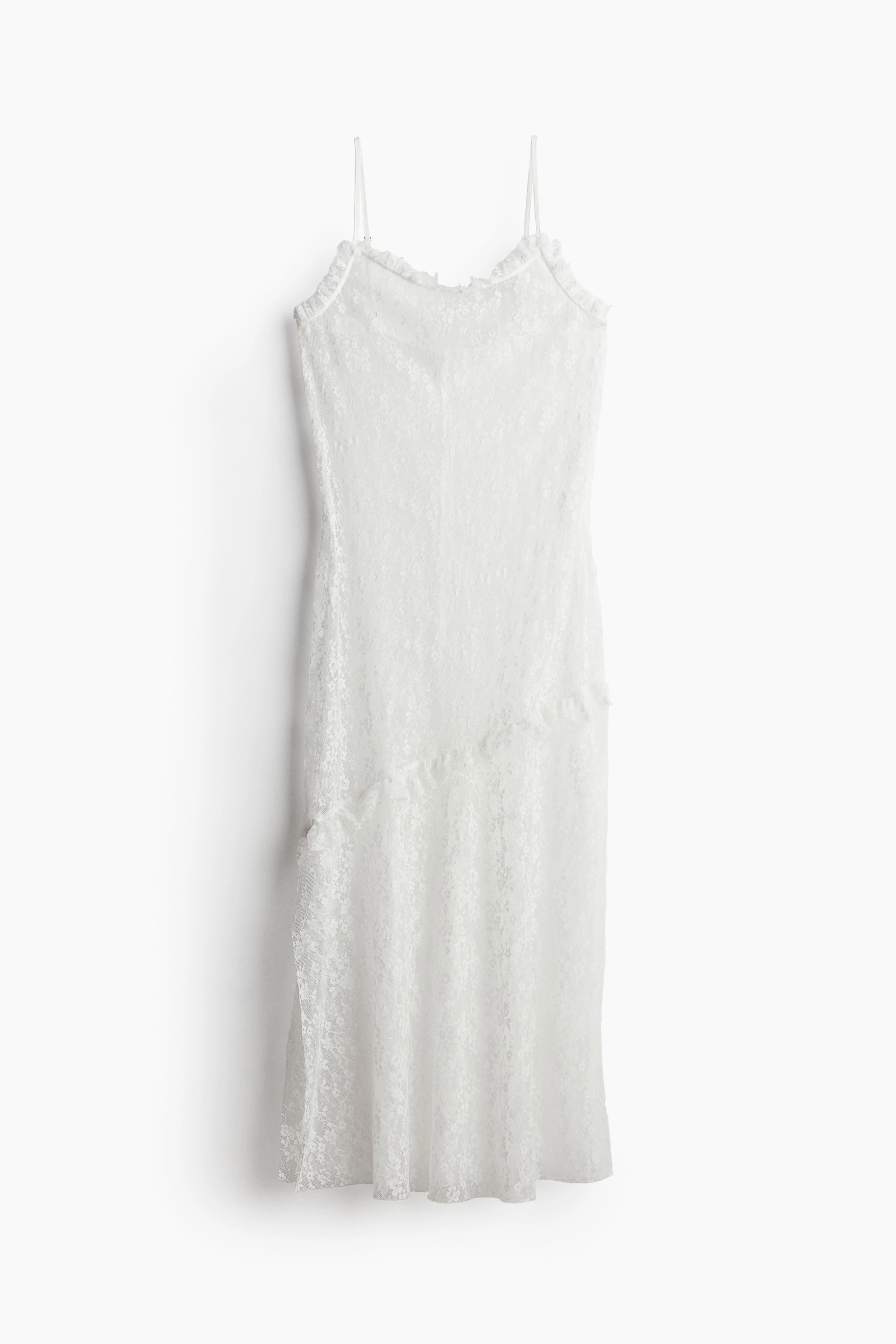 Frill-trimmed lace dress - Deep neckline - Sleeveless - White - Ladies | H&M GB