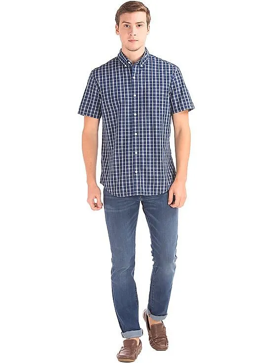 GAP Men Blue Twill Plaid Short Sleeve Standard Fit Shirt