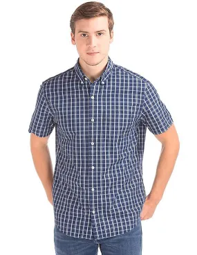 GAP Men Blue Twill Plaid Short Sleeve Standard Fit Shirt