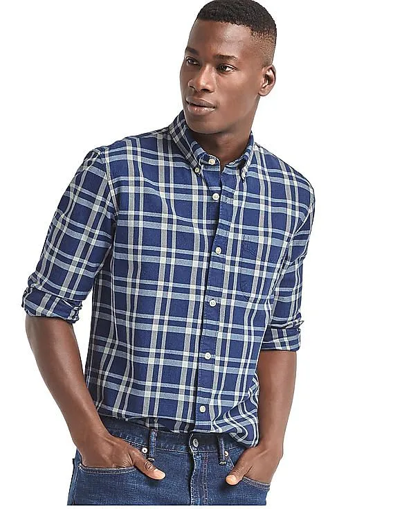 GAP Men Indigo Twill Plaid Standard Fit Shirt