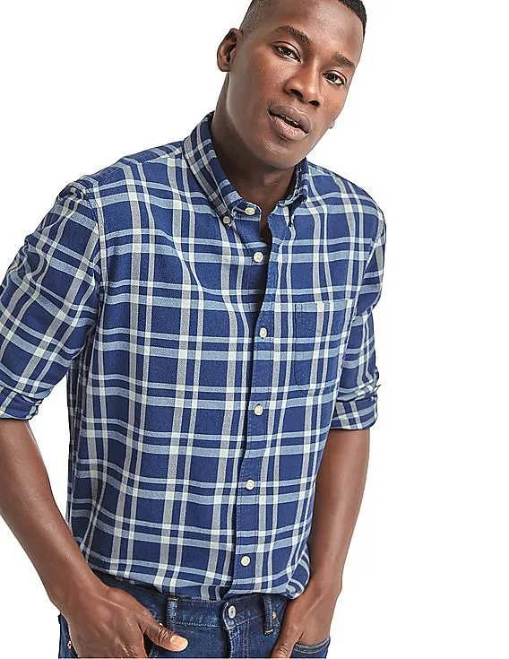 GAP Men Indigo Twill Plaid Standard Fit Shirt