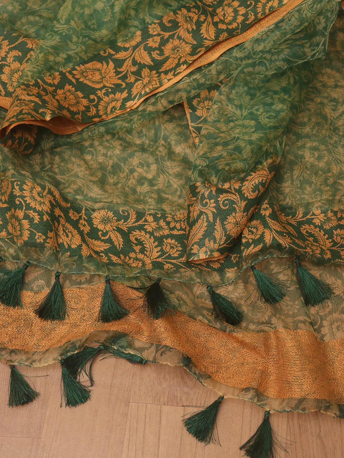 Green Block Printed Organza Handwoven Border Dupatta