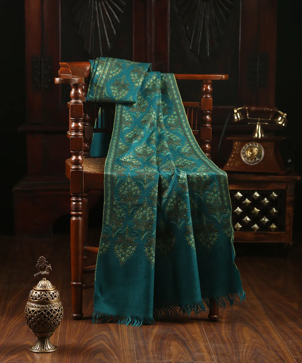 Green Color Handwoven Pure Pashmina Stole with Paper Mache Work