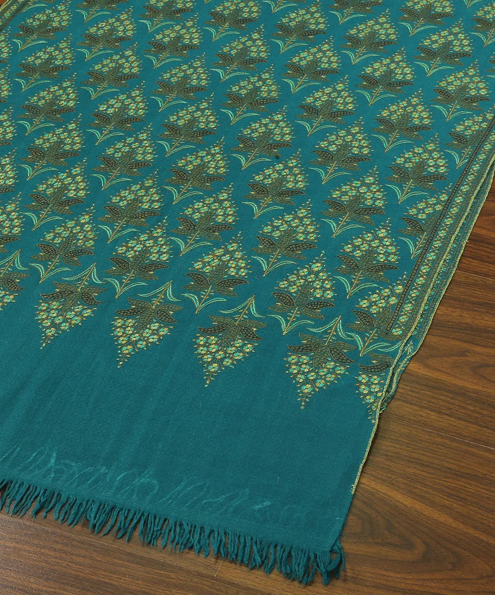 Green Color Handwoven Pure Pashmina Stole with Paper Mache Work