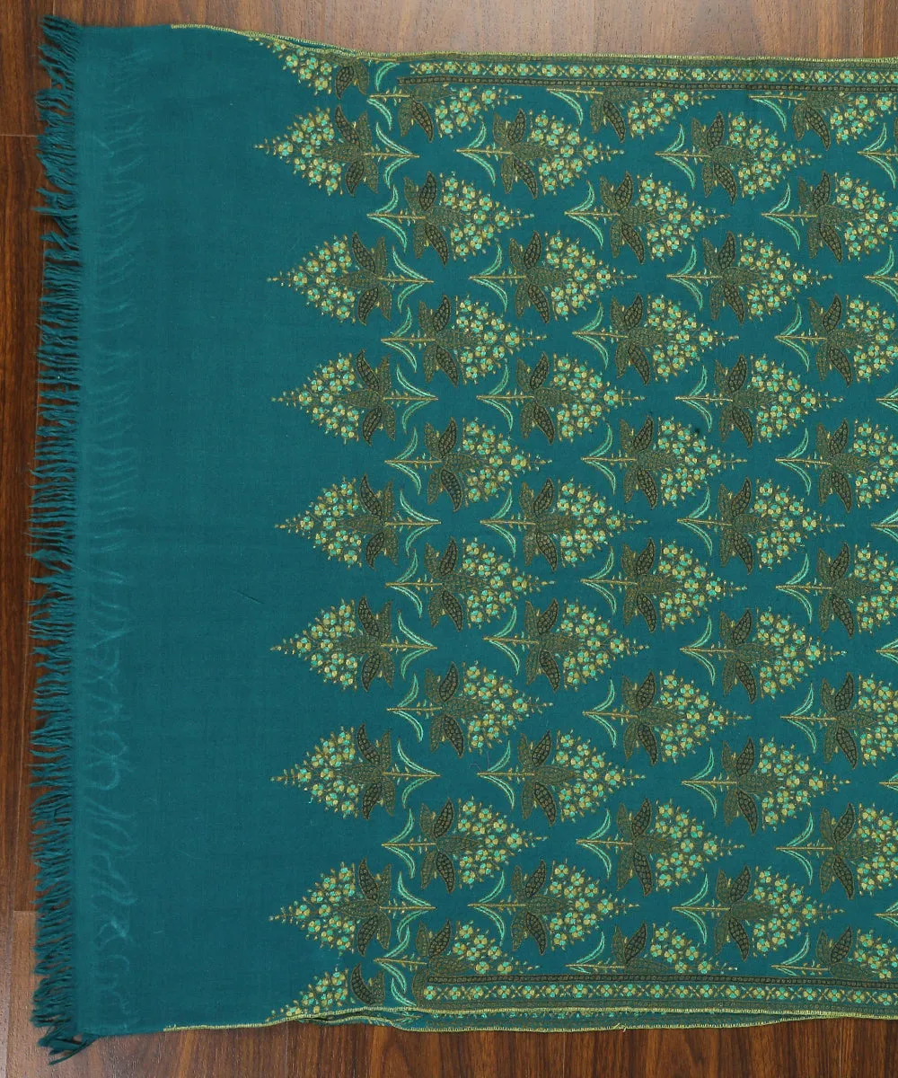 Green Color Handwoven Pure Pashmina Stole with Paper Mache Work