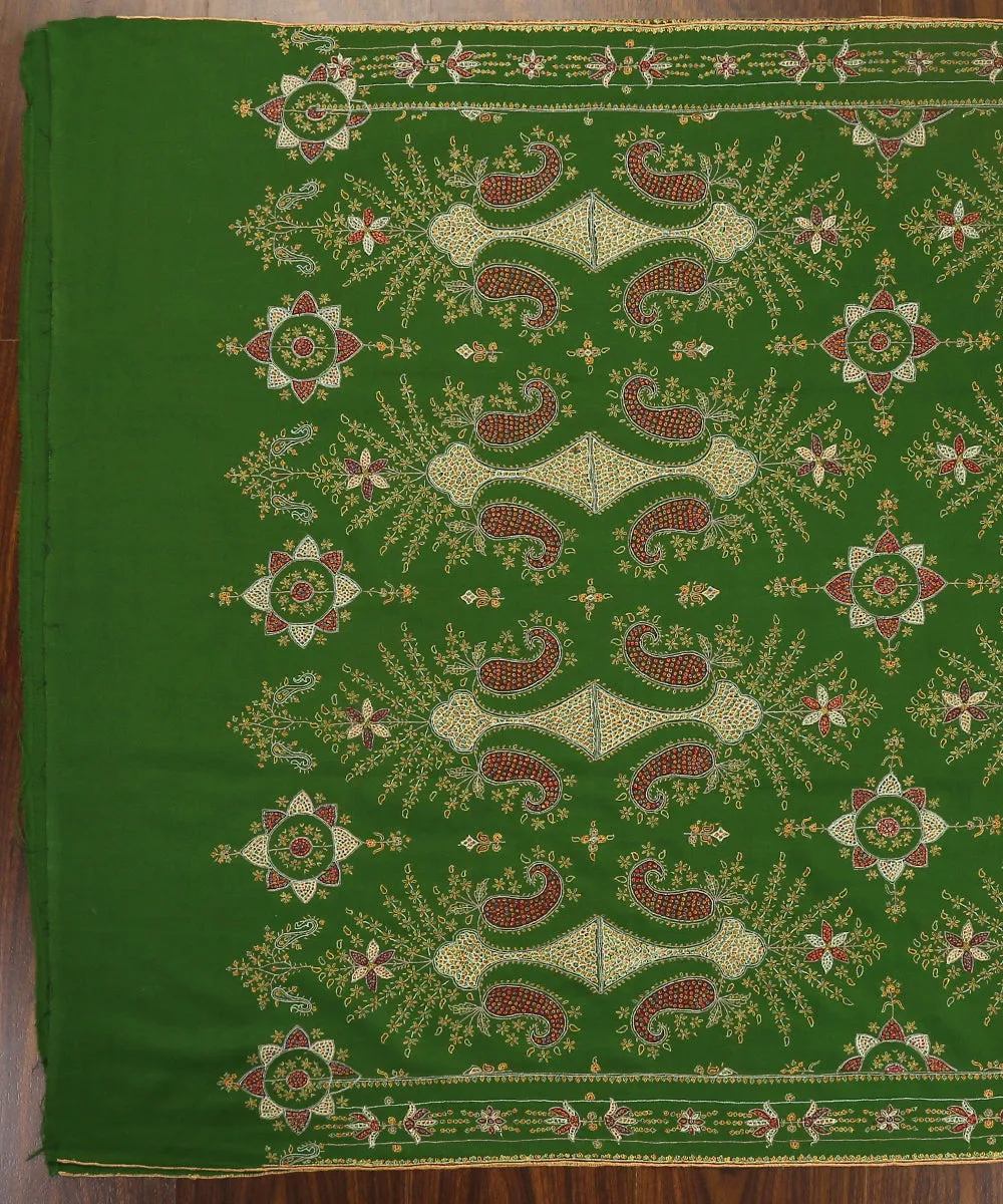 Green Handwoven Pure Pashmina Shawl With Sozni Kari Motifs Embroidered All Over