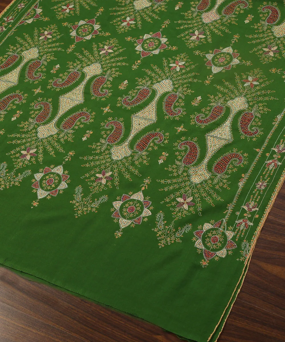 Green Handwoven Pure Pashmina Shawl With Sozni Kari Motifs Embroidered All Over