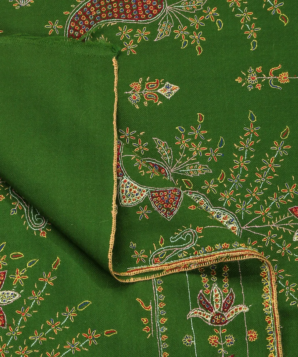 Green Handwoven Pure Pashmina Shawl With Sozni Kari Motifs Embroidered All Over