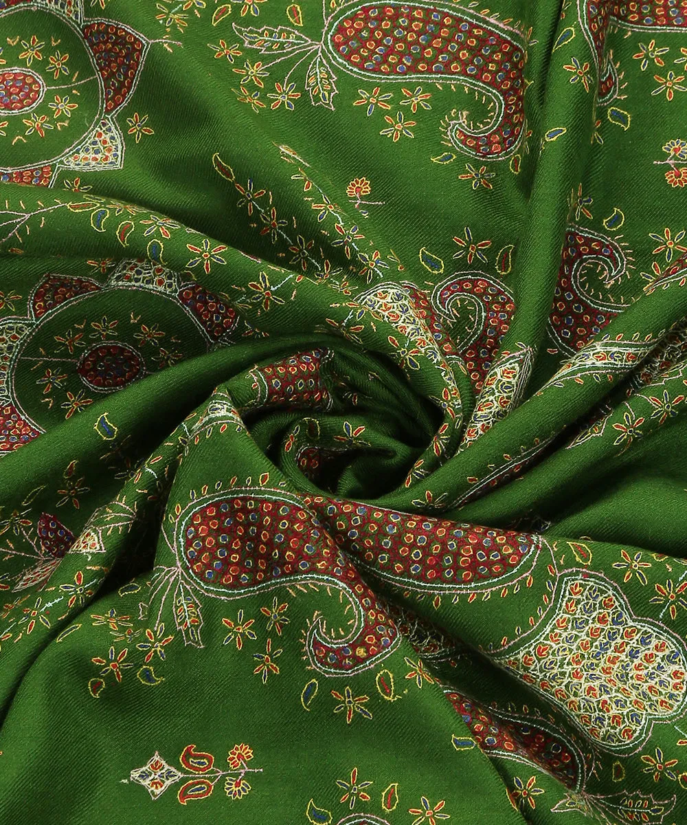 Green Handwoven Pure Pashmina Shawl With Sozni Kari Motifs Embroidered All Over