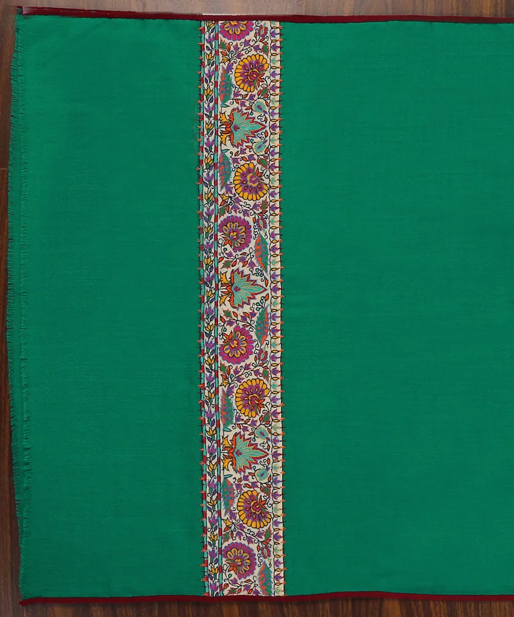 Green Handwoven Pure Pashmina Stole With Hand Appliqued Kashidakari Border