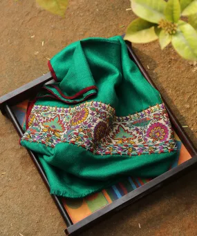 Green Handwoven Pure Pashmina Stole With Hand Appliqued Kashidakari Border