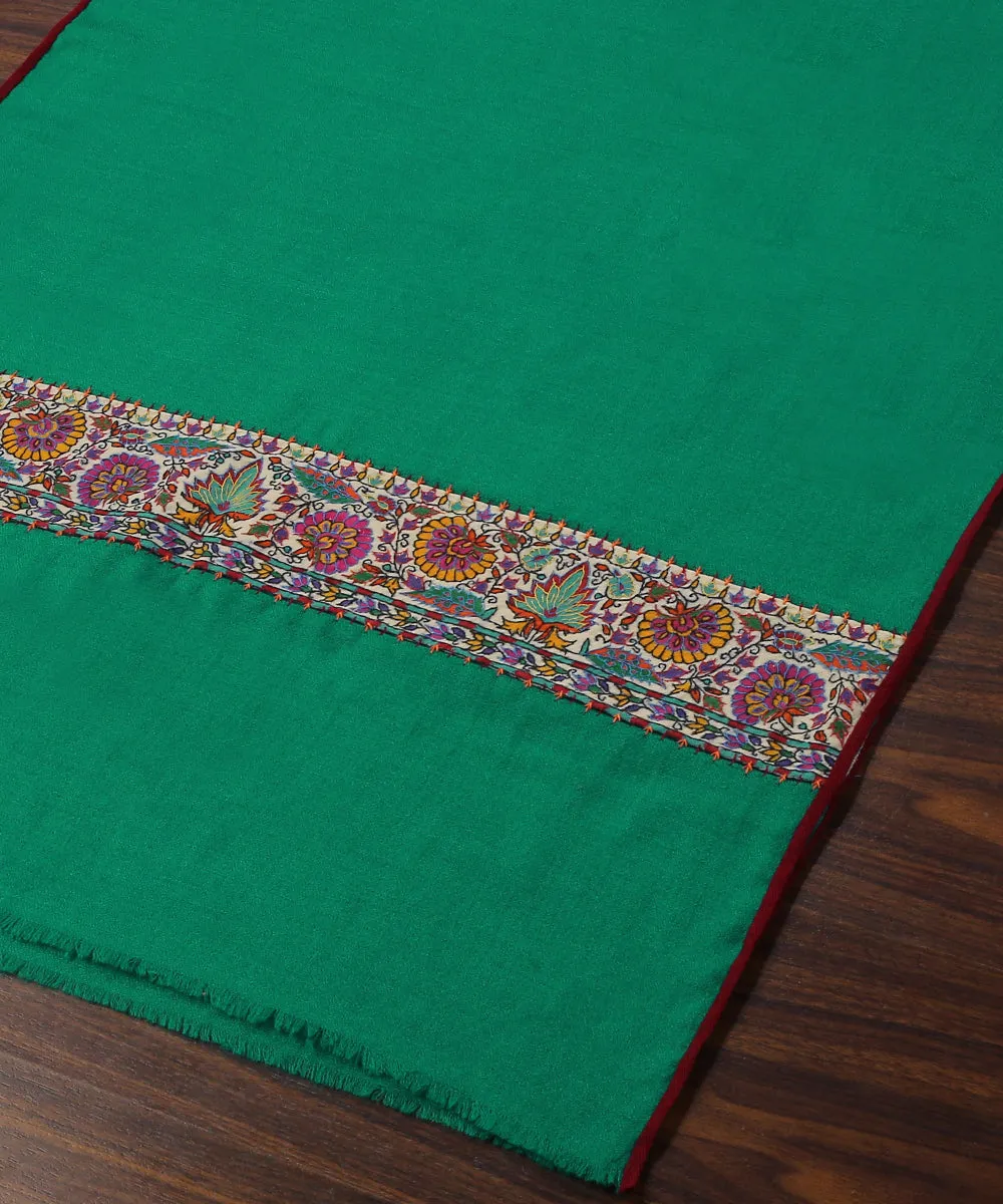 Green Handwoven Pure Pashmina Stole With Hand Appliqued Kashidakari Border