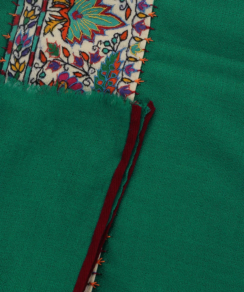 Green Handwoven Pure Pashmina Stole With Hand Appliqued Kashidakari Border