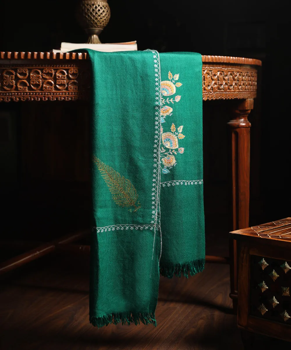 Green Handwoven Pure Pashmina Stole With Kalamkari And Soznikari