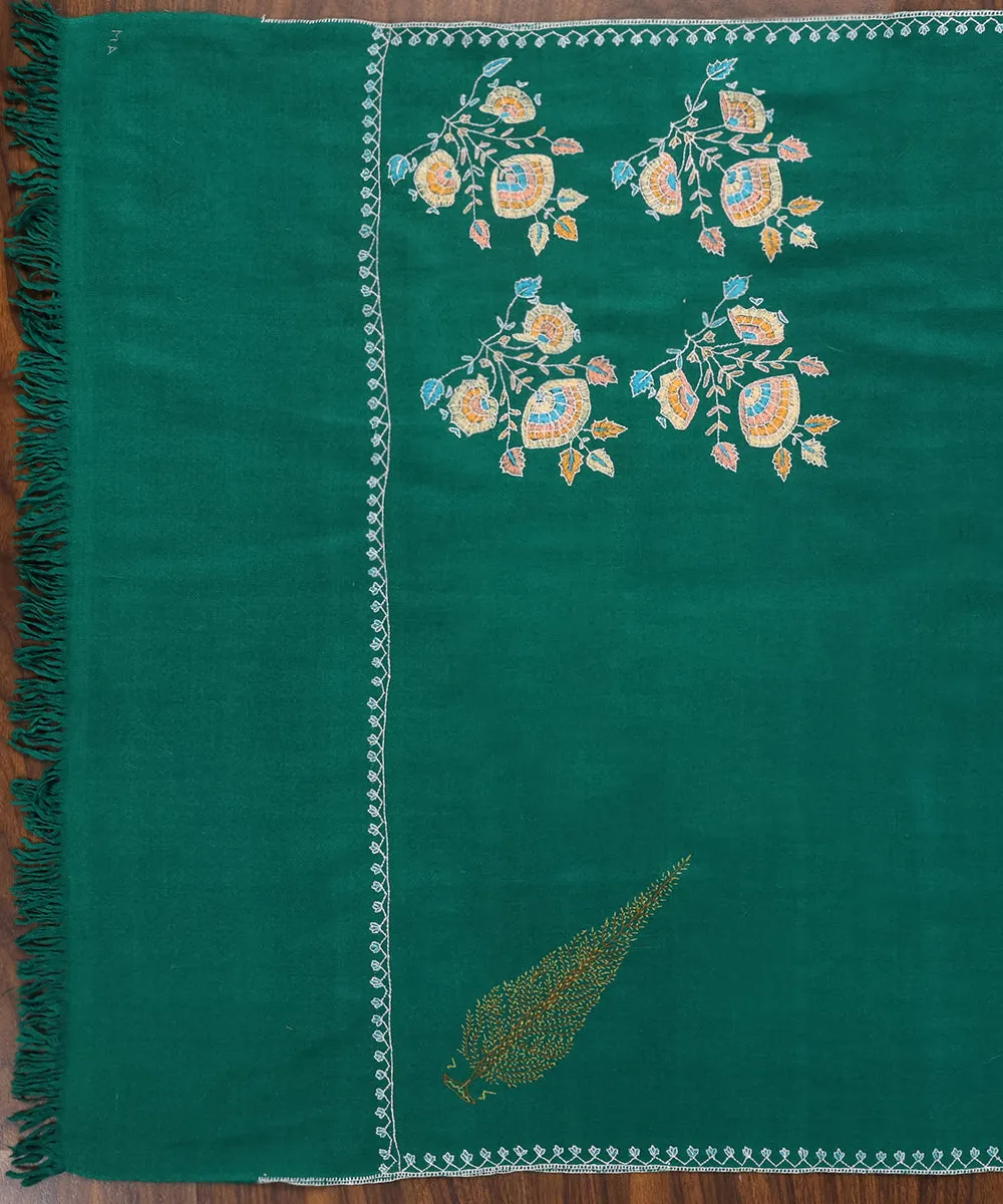 Green Handwoven Pure Pashmina Stole With Kalamkari And Soznikari